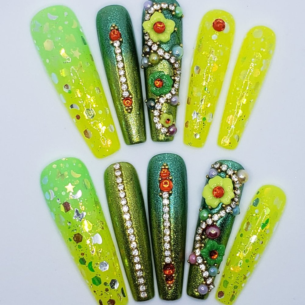 XXL Coffin-Ballerina Gel Press on Nails " Neon Summer "